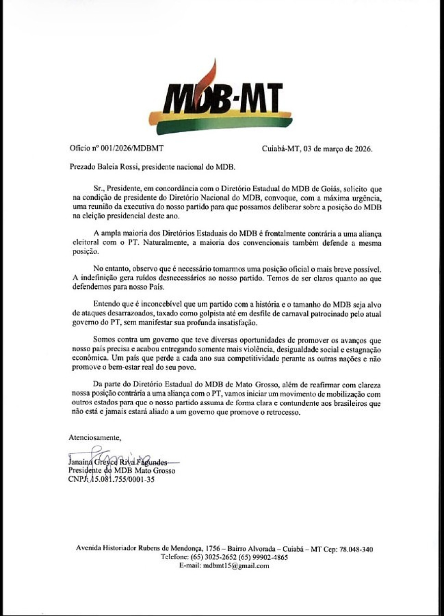 MDB-MT enquadra cúpula nacional e veta aliança com o PT