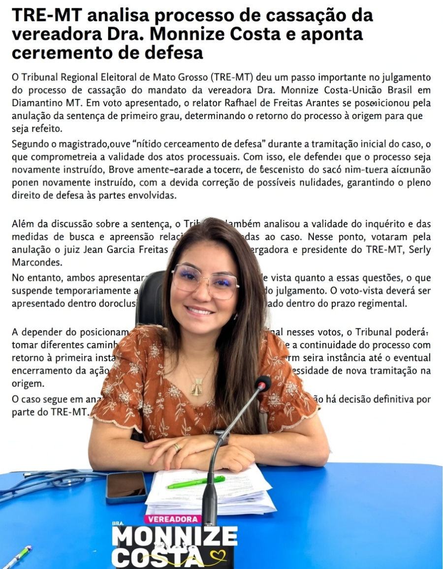 TRE-MT analisa processo de cassação da vereadora Dra. Monnize Costa e aponta cerceamento de defesa